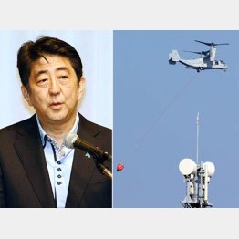 荷物を吊り上げ飛行するオスプレイ／（Ｃ）日刊ゲンダイ　