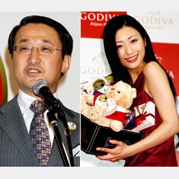 平井知事（左）とゴディバの０４年バレンタイン・イベント（壇蜜）／（Ｃ）日刊ゲンダイ