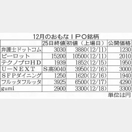 １２月の主なＩＰＯ銘柄／（Ｃ）日刊ゲンダイ