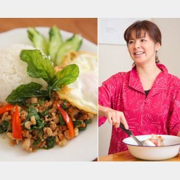 長澤恵さんとガパオごはん（左）／（Ｃ）日刊ゲンダイ