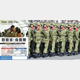 採用説明会の案内（左・防衛省のＨＰから）と自衛隊（Ｃ）日刊ゲンダイ