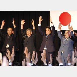 総裁再選が正式に決まり万歳三唱する安倍晋三首相ら （Ｃ）日刊ゲンダイ