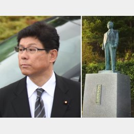 パンツが被せられた高木復興相の父・孝一氏の銅像（写真右）／（Ｃ）日刊ゲンダイ