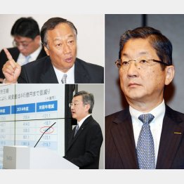 左はホンハイの郭会長（上）とシャープの高橋社長、右は産業革新機構の志賀会長／（Ｃ）日刊ゲンダイ