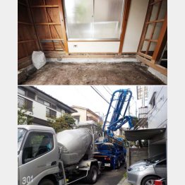 耐震の筋交いの板を斜めに貼る（写真上・左壁面）、市街地道路にミキサー車は窮屈（写真下）／（Ｃ）日刊ゲンダイ