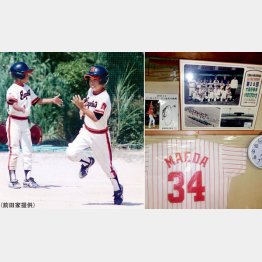 イーグレッツ時代の前田（左）、クラブハウスには前田からの寄贈品が飾られている（前田家提供）