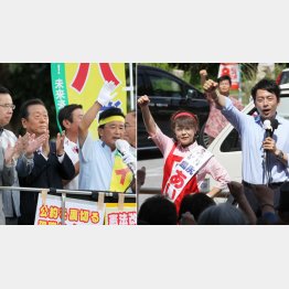 身振り手振りを交えながら話した伊波洋一（左）、エプロン姿でアピールした島尻／（Ｃ）日刊ゲンダイ