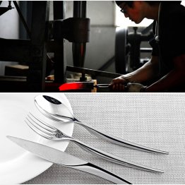 「龍泉刃物」の職人さんと「アシメントリー」（提供写真）