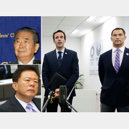 室伏組織委スポーツディレクターと会見する国際ボート連盟のロラン会長（左は石原氏と猪瀬氏）／（Ｃ）日刊ゲンダイ