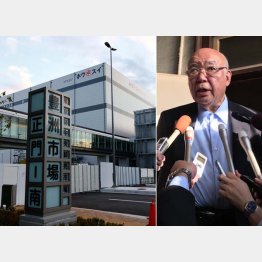 「中央魚類」の子会社「ホウスイ」の巨大冷凍庫棟（右は伊藤裕康氏）／（Ｃ）日刊ゲンダイ