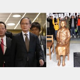 抗議の帰国の長嶺大使（左・央＝ＡＰ）と釜山日本総領事館前に設置された少女像／（Ｃ）ロイター