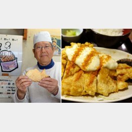 「激辛たい焼き」を持つ芝商店会の金子会長と「３辛チキン南蛮」／（Ｃ）日刊ゲンダイ