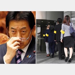 塩崎厚労相（左）と電通の家宅捜査（Ｃ）共同通信社