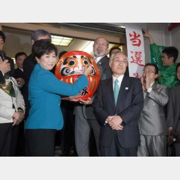 だるまに目を入れ、「主役は私」と言わんばかりの小池都知事と当選した石川区長（右）／（Ｃ）日刊ゲンダイ