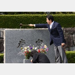 祖父の岸信介元首相の墓石に水を掛ける安倍首相 （Ｃ）日刊ゲンダイ
