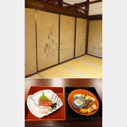 妙心寺の襖絵（左）と料理（右・取材時のもの）／（Ｃ）日刊ゲンダイ