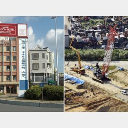 今治市役所（左）と建設が進む加計学園の獣医学部新設予定地／（Ｃ）共同通信社