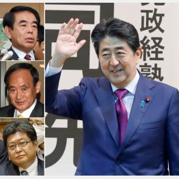 左上から下村元文科相、菅官房長官、萩生田官房副長官と安倍首相（右）／（Ｃ）日刊ゲンダイ