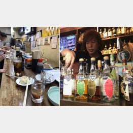 おつまみオール200円「立ち呑　こひなた」（左）とレアなウイスキーがずらりの「MOMO」／（Ｃ）日刊ゲンダイ