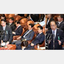 集中審議で答弁する前川前次官（左）に目をやる安倍首相（右は答弁する和泉首相補佐官）／（Ｃ）日刊ゲンダイ