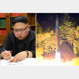 ７月２８日に発射した「火星１４」と金正恩（Ｃ）朝鮮通信＝共同
