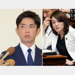 報道陣の質問に答える橋本健神戸市議（右は今井絵理子参院議員）／（Ｃ）共同通信社