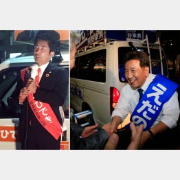 地元の支持者と握手する立憲民主の枝野代表（右）と東大宮駅前に立つ牧原候補／（Ｃ）日刊ゲンダイ