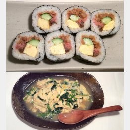 太巻き（上）とほうれん草の卵とじ／（Ｃ）日刊ゲンダイ