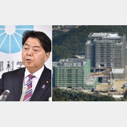 認可について記者会見する林文科相（右は建設が進む獣医学部）／（Ｃ）共同通信社
