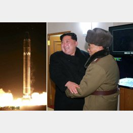 ＩＣＢＭ「火星１５」と発射実験の成功を喜ぶ金正恩朝鮮労働党委員長（Ｃ）ロイター＝共同