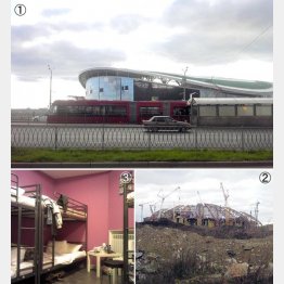 左上から時計回りに、カザンアリーナ、サマーラアリーナ、サマーラのホステル（提供写真）