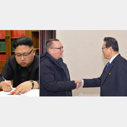 金正恩（左＝朝鮮通信・共同）は国連にどう応じる？（右は朴次官と握手するフェルトマン事務次長）／（Ｃ）共同通信社