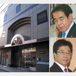 本社入り口は閉ざされていた（右上から下村元文科相、加藤厚労相）／（Ｃ）日刊ゲンダイ