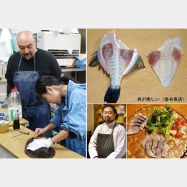 神経締めに挑戦。見守る塩谷さん（左）、イタリア料理店「リンチェ」の滝沢シェフと料理（右下）／（Ｃ）日刊ゲンダイ