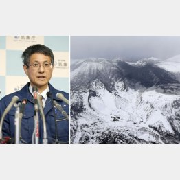 山頂は火山灰で覆われた（左は会見する気象庁の担当者）／（Ｃ）共同通信社