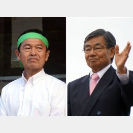 現職・横嶺進候補（右）と新人・渡具知武豊候補の２人が激突（Ｃ）日刊ゲンダイ