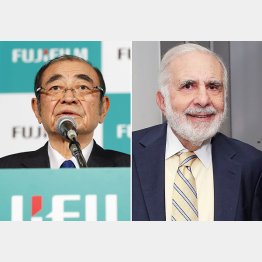 記者会見する富士フイルムＨＤの古森重隆会長（右はアイカーン氏、ゲッティ＝共同）／（Ｃ）共同通信社