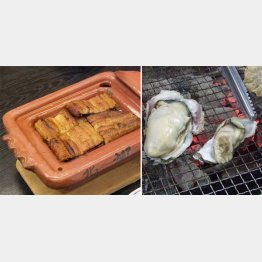 右は、小長井牡蠣（左）と「華漣」、諫早名物「楽焼うなぎ」も堪能／（Ｃ）日刊ゲンダイ