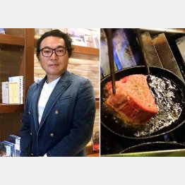 片山晋呉さんと「イノウエステーキハンバーグレストラン」のステーキ（Ｃ）日刊ゲンダイ