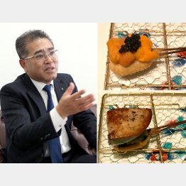 キャビア、ウニ、子持ち昆布の三重奏（右上）とフォアグラの下におろしポン酢が／（Ｃ）日刊ゲンダイ