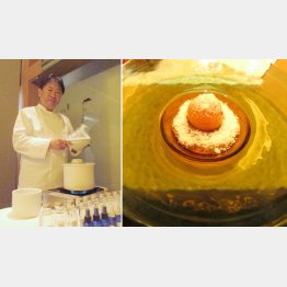 オーナーシェフ・奥田政行さん（左）と蒸留水を使ったカプレーゼ（Ｃ）日刊ゲンダイ