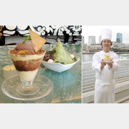手前がクレームブリュレフラッペ（左は岸本料理長）／（Ｃ）日刊ゲンダイ