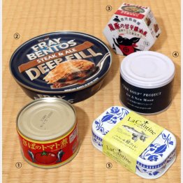 ①サバ缶（トマト煮） ②肉のパイの缶詰 ③黒豚の甘辛醤油煮 ④高知県の幻の地鶏「土佐ジロー」のスープ ⑤陶器にしか見えないサバ缶（Ｃ）日刊ゲンダイ