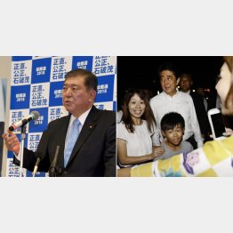 石破茂氏（左）と安倍首相（Ｃ）共同通信社