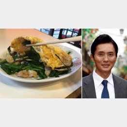 中華シブヤ名物のニラ玉（左）と主人公・井之頭五郎を演じた松重豊（Ｃ）日刊ゲンダイ