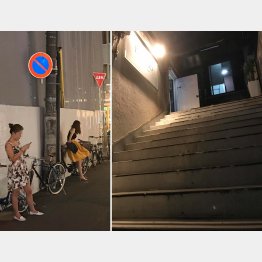 客待ち風の外国人女性が立つ路地に老朽化した雑居ビルが（Ｃ）日刊ゲンダイ
