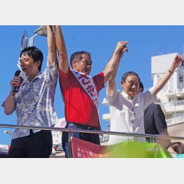 テコ入れに来た菅官房長官（右）と小泉進次郎衆院議員（左）（Ｃ）日刊ゲンダイ