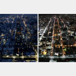 地震が発生した６日（左）と１３日の札幌市中心部（Ｃ）共同通信社