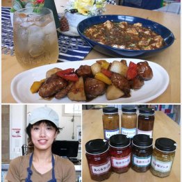 上は「本格四川麻婆豆腐」（奥）と「黒酢すぶた」、下右が竹原さんオリジナルソース（Ｃ）日刊ゲンダイ