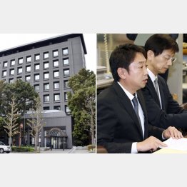 記者会見するスルガ銀行の有国三知男社長（右写真手前、左は同行本店）／（Ｃ）共同通信社